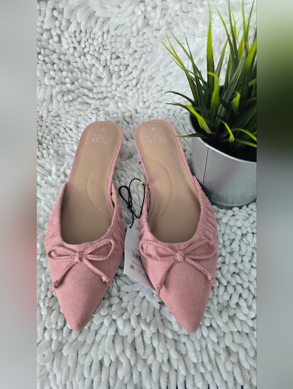 NWT Time and Tru Pink Faux Suede Bow Kitten Heel Mules Size 6 Memory Foam